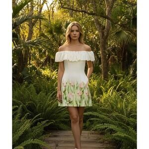 $495 Nicholas The Label Uma Ruffed Off The Shoulder Mini Floral Dress Size 10